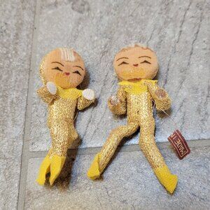 lot of 2 Vintage Gold Lame Pixie Elfs Ornaments Sits 3" Made Japan Christmas